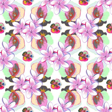 Kusursuz çiçek süsü. Kraliyet çiçeğiyle modern çiçek deseni. Renkli yönelim deseni pembe ve yeşil renklerde.