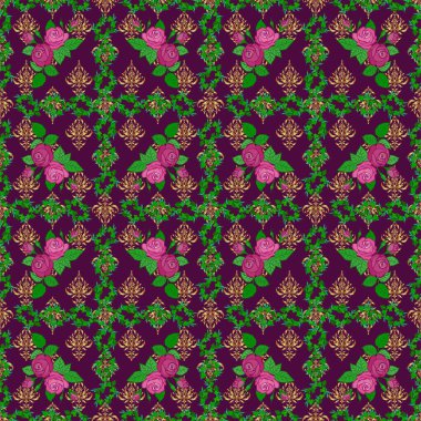 Mor ve pembe renklerde çiçek motifleri olan soyut zerafet deseni. Dekoratif gül çiçekleri ve tekrar eden yeşil yapraklar. Raster illüstrasyonu.