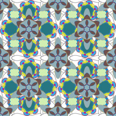 Vektör çizimi. Parlak, güzel, kusursuz bir arka plan. Sarı, mavi ve gri renklerde soyut, sevimli çiçek deseni.