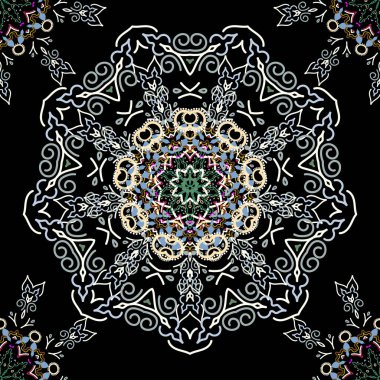 Siyah bir zemin üzerinde vektör kesme kağıt dantel dokusu, gri, bej ve yeşil tül, girintisiz desen.