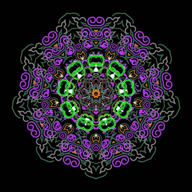 Siyah bir zemin üzerinde vektör kesme kağıt dantel dokusu, menekşe, yeşil ve sarı tül, girintisiz desen.