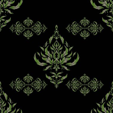 Kusursuz desenli oryantal süs. İslami vektör tasarımı Çiçek motifli Motley fayanslar. Siyah bir arkaplan üzerine gri ve yeşil renkli tekstil baskısı.