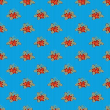Eski tarz. Stock raster illüstrasyonu. Plumeria çiçeklerinin kusursuz deseni mavi, bej ve kırmızı renklerde..