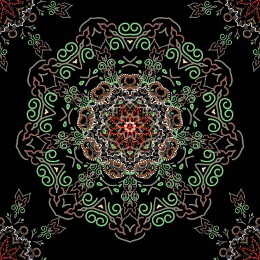 Damask, bej, kahverengi ve sarı renklerde çiçeksiz arkaplan deseni. Vektör illüstrasyonu.