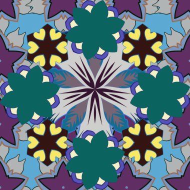 Doğulu süslemesiz desen. Mavi, mor ve gri renkli tekstil baskısı. İslami vektör katırlı tasarım. Çiçek motifli Motley fayansları.