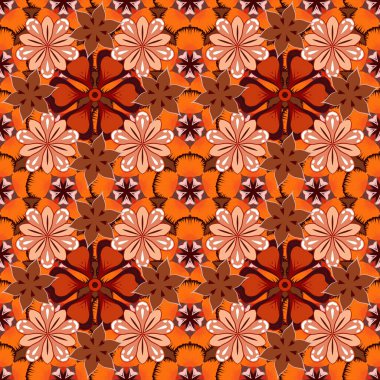 Kahverengi, turuncu ve bej renkli süslemeleri olan pürüzsüz bir desen..