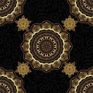 Siyah arka planda soyut çiçekleri ve yıldızları olan kusursuz desenli vektör altın ızgara. Yatak örtüsü, ceket, paket tasarımı, kumaş ve moda kavramları için doğu tekstil baskısı.