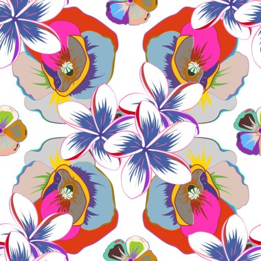 Haşhaş çiçekleri, yapraklar, dekoratif elementler, sıçramalar, lekeler ve beyaz bir arka plan üzerine düşüşü olan kusursuz bir çiçek deseni. El çizimi hatlar ve vuruşlar. Karalama çizim stili, el yapımı sanat.