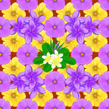 Pembe, mor ve sarı renklerde klasik, dikişsiz desen. El yazısı vektör tesisat çiçekleri, pullar, anahtarlar.