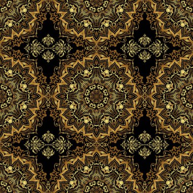 Geleneksel Hint tarzı, kına dövmeli altın elementler, altın çıkartmalar, mehndi ve yoga tasarımı, kartlar ve baskılar. Vektör altın mehndi siyah üzerinde kusursuz desen.