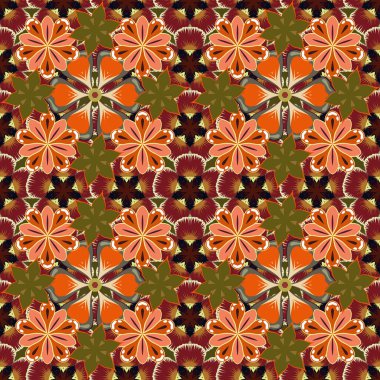 Süslü dantel iz sürücü. Doğu tarzında klasik tasarımı olan kusursuz bir model. Turuncu, kahverengi ve kırmızı elementlerle geleneksel Arap süsü. Kumaş için dekorasyon.