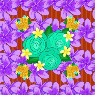 Şekillendirilmiş gül çiçekleri ve turuncu ve mor renkli yeşil yapraklı vektörsüz arkaplan deseni.