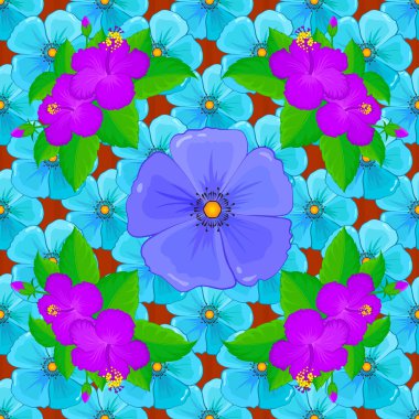 Vektör çizimi. Güzel kozmos çiçekleriyle kusursuz desenli mor, mavi ve yeşil renklerde..