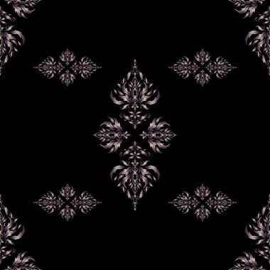 Geleneksel klasik vektör modeli. Bej ve mor renklerde siyah bir arkaplanda barok tarzında kusursuz bir doğulu süsü..