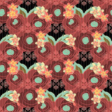 Vektör çizimi. Karmaşık gül çiçekleri ve yeşil yapraklı geleneksel Hint çiçekleri siyah, turuncu ve pembe renklerde..