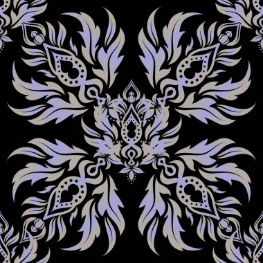 Gri eski süslemeli siyah bir arkaplanda vektörsüz desen.