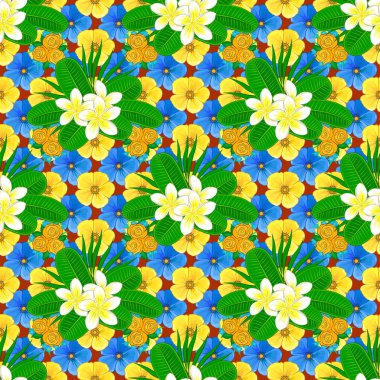 Kusursuz çiçek süsü. Kraliyet tesisatlarıyla modern tesisat desenli çiçek deseni. Sarı, mavi ve yeşil renklerde renk yönelimli desen.