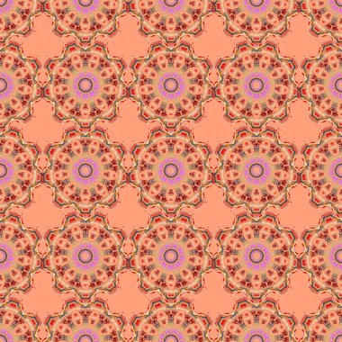 Ikat damaske desensiz arkaplan fayansı menekşe, kırmızı ve turuncu renklerde.