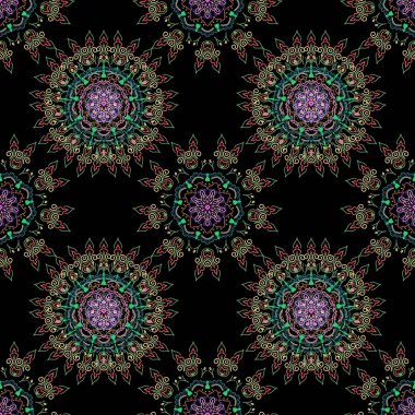 Sorunlu damasküler desensiz arka plan fayansları. Yeşil ve pembe renklerde kusursuz bir süs..