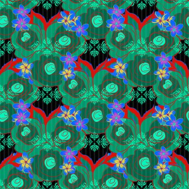 Raster vintage suluboya güller (el çizimi) kırmızı, yeşil ve mavi renklerde.