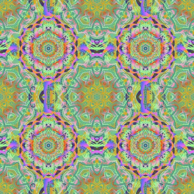 Vintage vektör süsü. Yeşil arkaplan üzerinde çok renkli elementlerle soyut klasik dikişsiz desen.