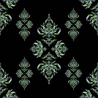Siyah arkaplanlı bir süslemeli vektör çizimi. Yeşil renklerde kusursuz desen.