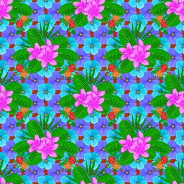 Plumeria çiçekleri mor, yeşil ve mavi renklerde pürüzsüz desenli. Sevimli Raster çiçek arkaplanı.