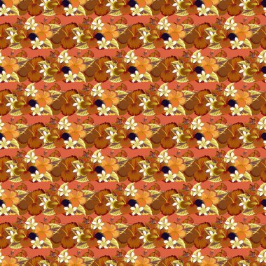 Elle çizilmiş kusursuz çiçek çizimi. Birçok kahverengi, turuncu ve sarı çiçeğin vektör çizimi. Kahverengi, turuncu ve sarı amber çiçeğinin kusursuz deseni.