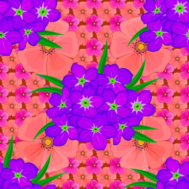 Pembe ve mor renkli şirin primula çiçekleri olan kusursuz bir desen. Bahar mahsulü çiçekli arka plan. Güzel vektör dokusu.