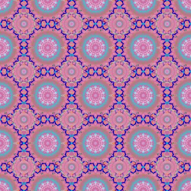 Zarif raster klasik kusursuz desen. Pembe arkaplandaki kusursuz soyut süs çok renkli tekrarlayan elementlerle.