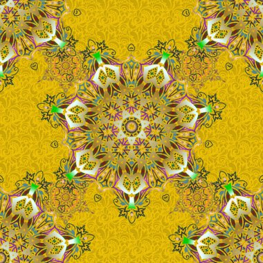 Vektör çizimi. Tasarım, tekstil veya kumaş için yeşil ve kahverengi renklerde vektörsüz desen.