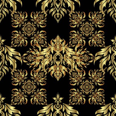 Dijital kağıt, tekstil baskısı, sayfa dolumu için kullanılabilir. Geleneksel Noel renklerinde kusursuz bir desen. Altın geometrik süslemeli soyut siyah arkaplan.