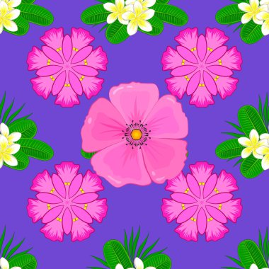 Düğün davetiyeleri, tebrik kartları, hediye paketi, kumaş ya da tekstil için vektör deseni. Zarif, pürüzsüz desenli, menekşe arkaplanda birçok dekoratif çiçek var. Tasarım için renk öğeleri.