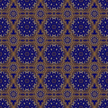 Soyut geometrik desen. Altın arka plan. Kusursuz geometrik desen. Eşkenar dörtgen ve düğümlerle Geometrik arkaplan. Vektör altın doku. Mavi arkaplandaki vektörsüz desen.