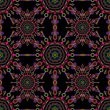 Kraliyet duvar kağıdı. Şam, mor, kahverengi ve sarı renklerde, dikişsiz çiçek deseni. Vektör tarzı süs. Siyah arkaplanda soyut çiçekler.