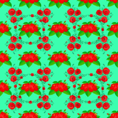 Yeşil arka planda bir sürü sevimli çiçekli vektör çizimi. Renkli çiçeklerle kusursuz desen, bahar motifi.