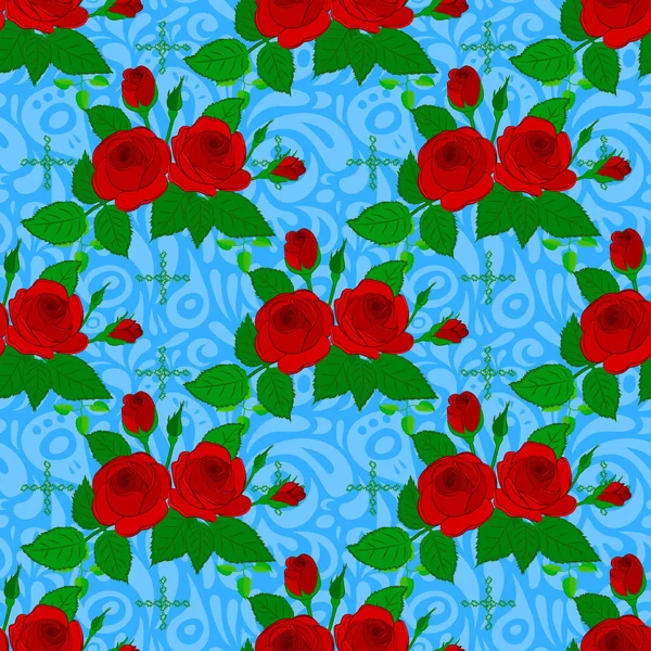 Seamless Pattern Decorative Summer Rose Flowers Green Leaves Blue Green — Stock Vector