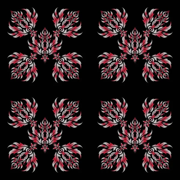 Прикрашений Декор Тканини Традиційний Арабський Орнамент Червоними Елементами Чорному Тлі — стоковий вектор
