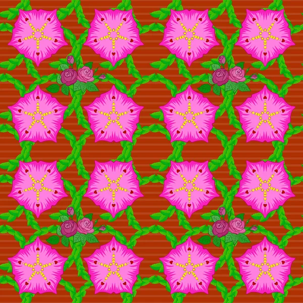 Naadloos Bloemenpatroon Met Gestileerde Bloemen Groene Oranje Roze Kleuren — Stockvector