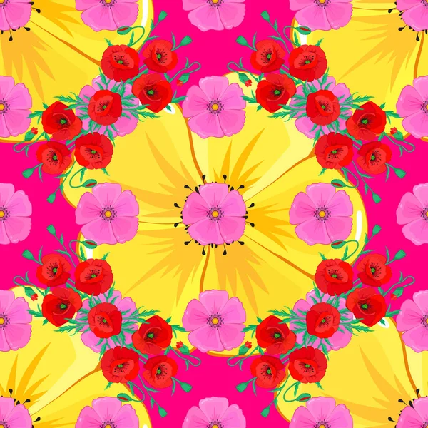 无缝图案与五颜六色的花 春天的主题 在洋红色背景上有许多可爱的花朵的矢量图解 — 图库矢量图片