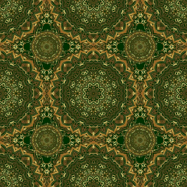 东方风格的阿拉伯式 无缝隙图案 绿色背景上有金色元素 卷曲和装饰品 — 图库矢量图片