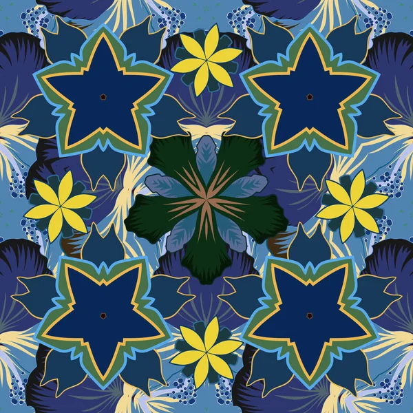 Modèle Fleurs Vectorielles Dessinées Main Sans Couture Violet Bleu Vert — Image vectorielle