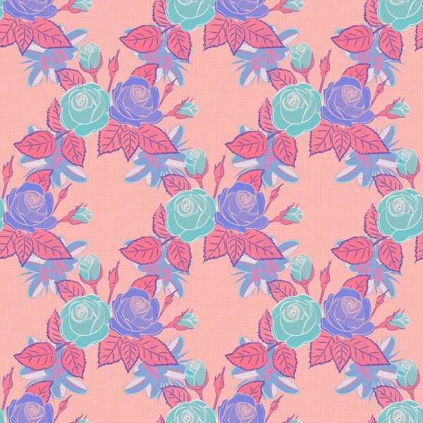 Nahtloses Hintergrundmuster Mit Stilisierten Rosenblüten Und Grünen Blättern Rosa Beige — Stockvektor