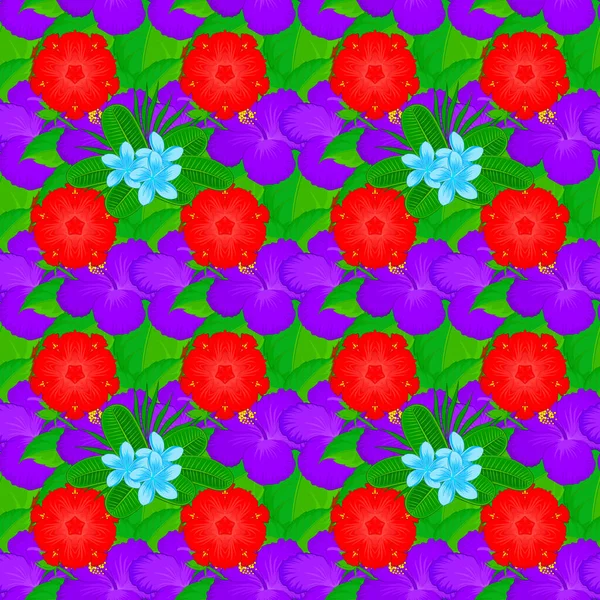 Abstract Elegance Vector Seamless Pattern Plumeria Flowers Violet Green Red — Stock Vector