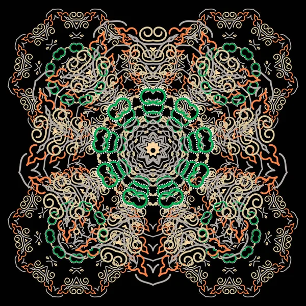 Vector Mandala Adorno Beige Naranja Verde Sobre Fondo Negro Oriental — Vector de stock