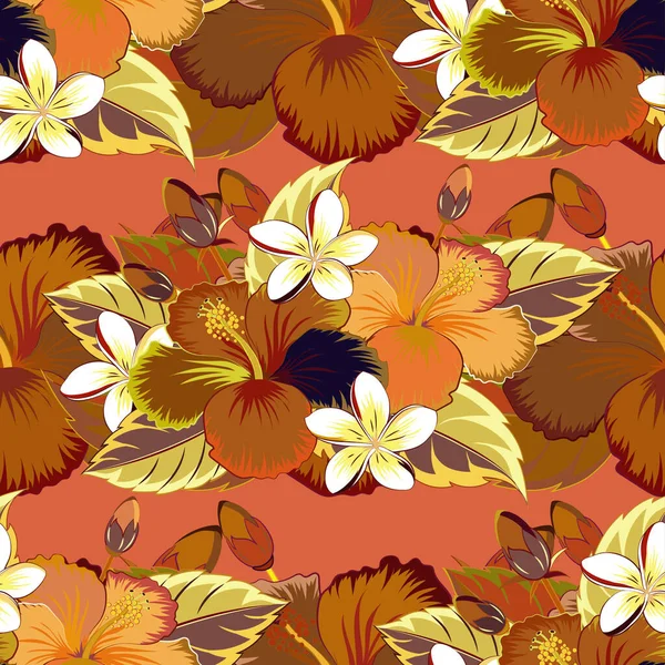 Letni Hawajski Bezszwowy Wzór Tropikalnymi Roślinami Brązowymi Pomarańczowymi Żółtymi Kwiatami — Wektor stockowy