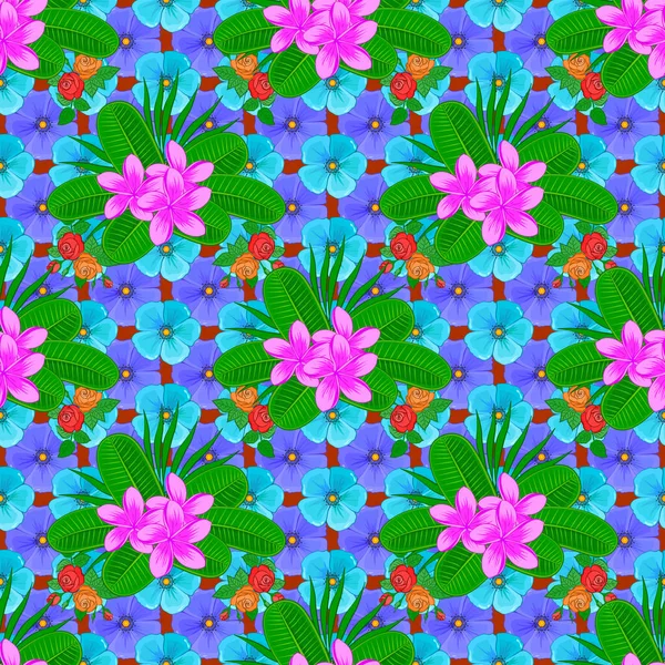 Plumeria Fleurs Motif Sans Couture Dans Les Couleurs Violette Verte — Image vectorielle