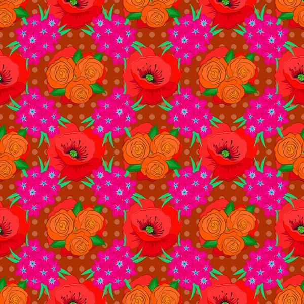 Векторный Бесшовный Узор Цветками Роз Зелеными Листьями Мадженты Оранжевого Красного — стоковый вектор