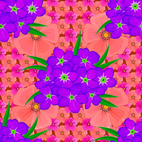 Problemfri Mønster Med Søde Primula Blomster Lilla Lyserøde Violette Farver – Stock-vektor