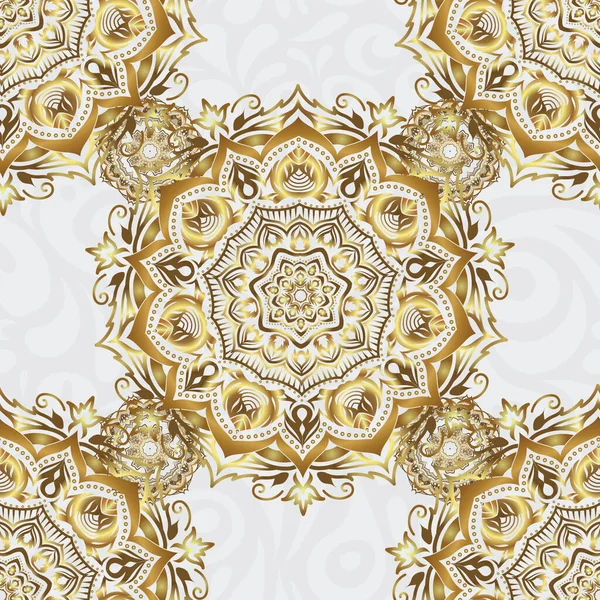 Golden Shiny Ornament Gray Background Damask Seamless Pattern Abstract Shapes — Stock Vector